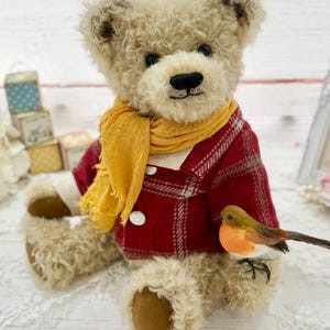Handmade Mohair Teddy Bear: "Isaac" with Tartan Coat and Robin image 8