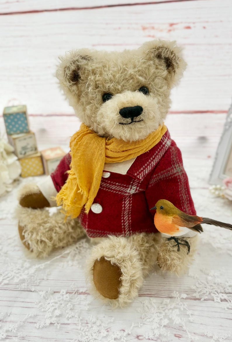 Handmade Mohair Teddy Bear: "Isaac" with Tartan Coat and Robin image 8