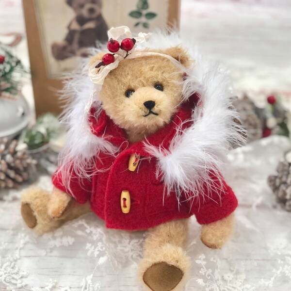 AVAILABLE NOW! Miniature Christmas Teddy Bear - "Rosie" - mohair jointed artist bear with gift box