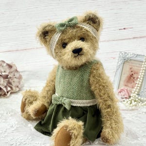 Handmade Mohair Bear: Vintage Style with handmade Harris Tweed Dress and free delivery image 4