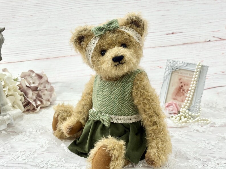Handmade Mohair Bear: Vintage Style with handmade Harris Tweed Dress and free delivery image 4
