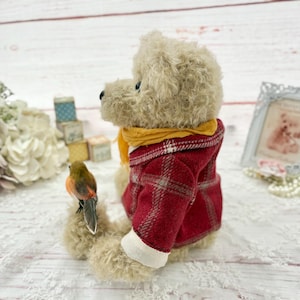 Handmade Mohair Teddy Bear: "Isaac" with Tartan Coat and Robin image 3
