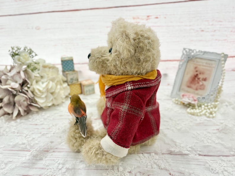Handmade Mohair Teddy Bear: "Isaac" with Tartan Coat and Robin image 3