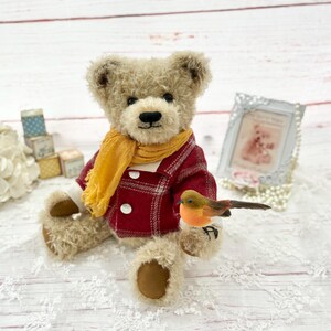 Handmade Mohair Teddy Bear: "Isaac" with Tartan Coat and Robin image 6