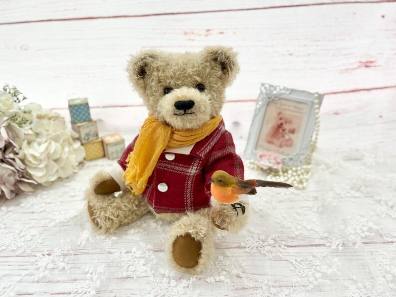 Handmade Mohair Teddy Bear: "Isaac" with Tartan Coat and Robin image 6