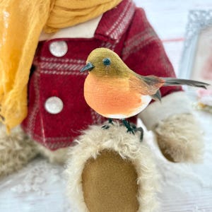 Handmade Mohair Teddy Bear: "Isaac" with Tartan Coat and Robin image 7
