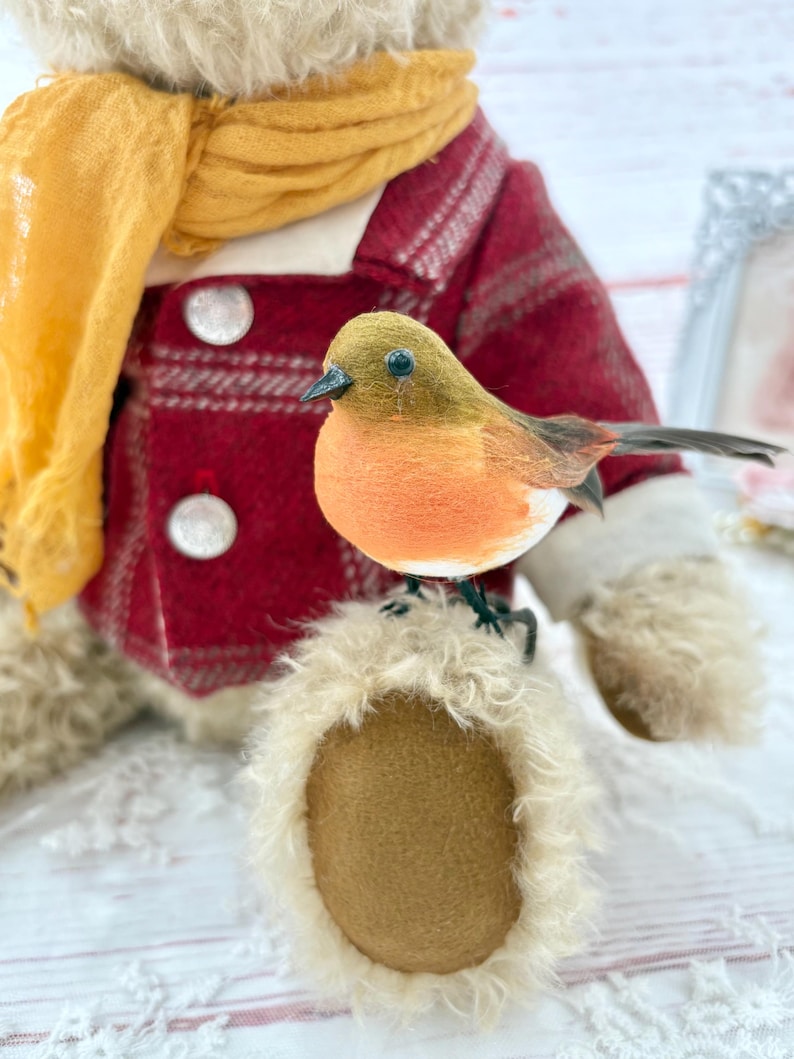 Handmade Mohair Teddy Bear: "Isaac" with Tartan Coat and Robin image 7