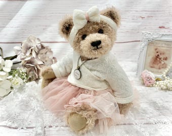 Jointed Mohair Ballerina Bear - "Elsie" with customised necklace and free delivery