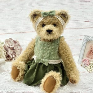 Handmade Mohair Bear: Vintage Style with handmade Harris Tweed Dress and free delivery image 1