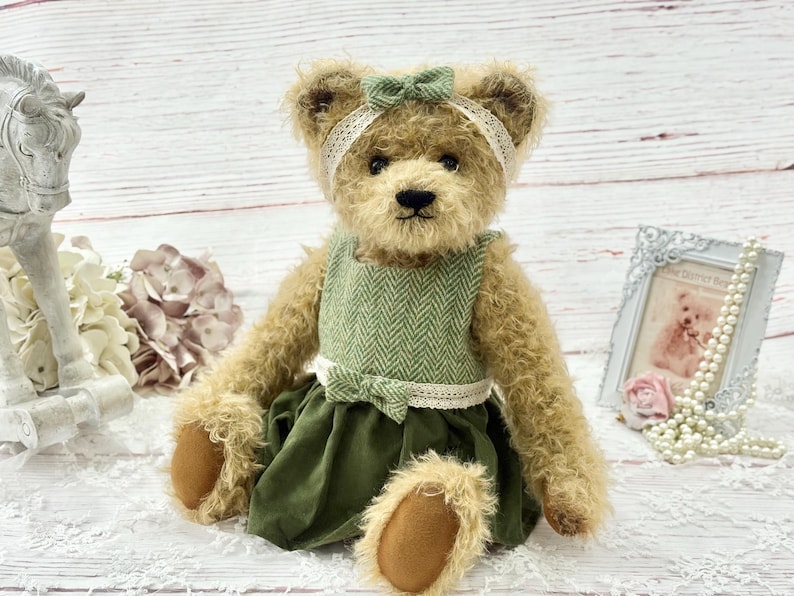 Handmade Mohair Bear: Vintage Style with handmade Harris Tweed Dress and free delivery image 1
