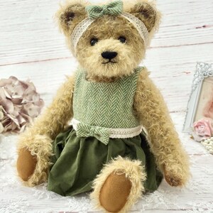 Handmade Mohair Bear: Vintage Style with handmade Harris Tweed Dress and free delivery image 2