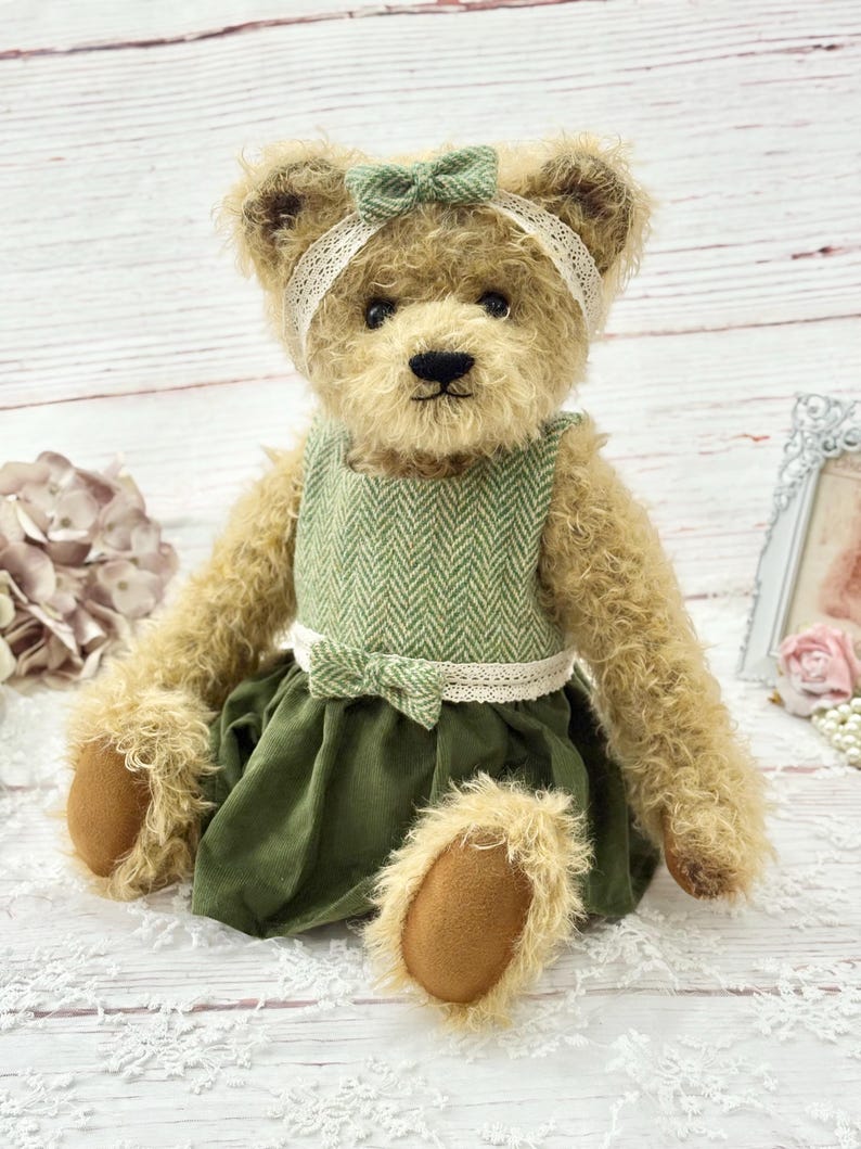 Handmade Mohair Bear: Vintage Style with handmade Harris Tweed Dress and free delivery image 2