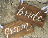 Rustic 'Bride' & 'Groom' Chairback Signs -A Pair - Wooden Pallet Signs - Hand Painted - Wedding Signs