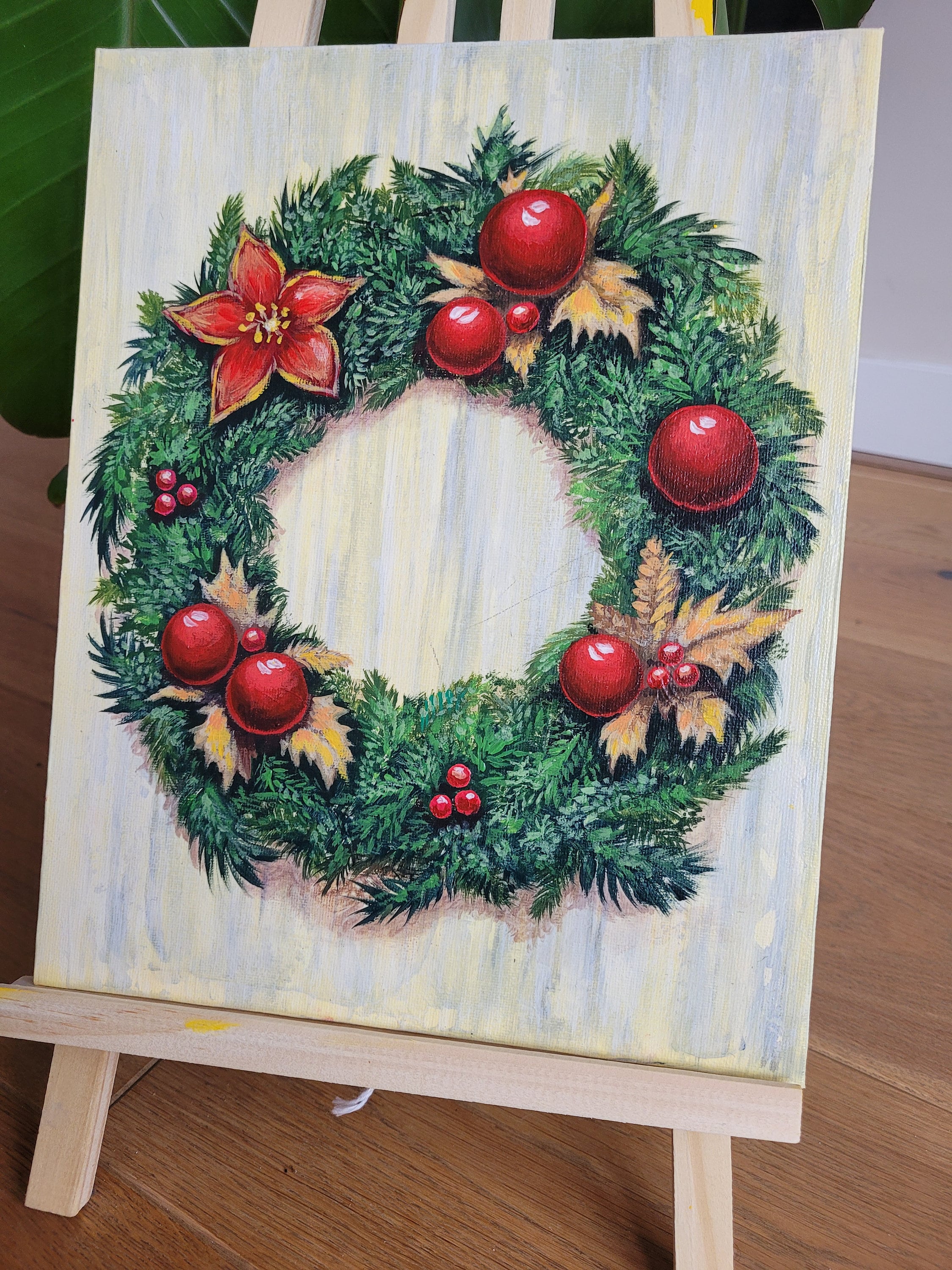 Coniferous Christmas Wreath Acrylic Painting. 100% Handmade