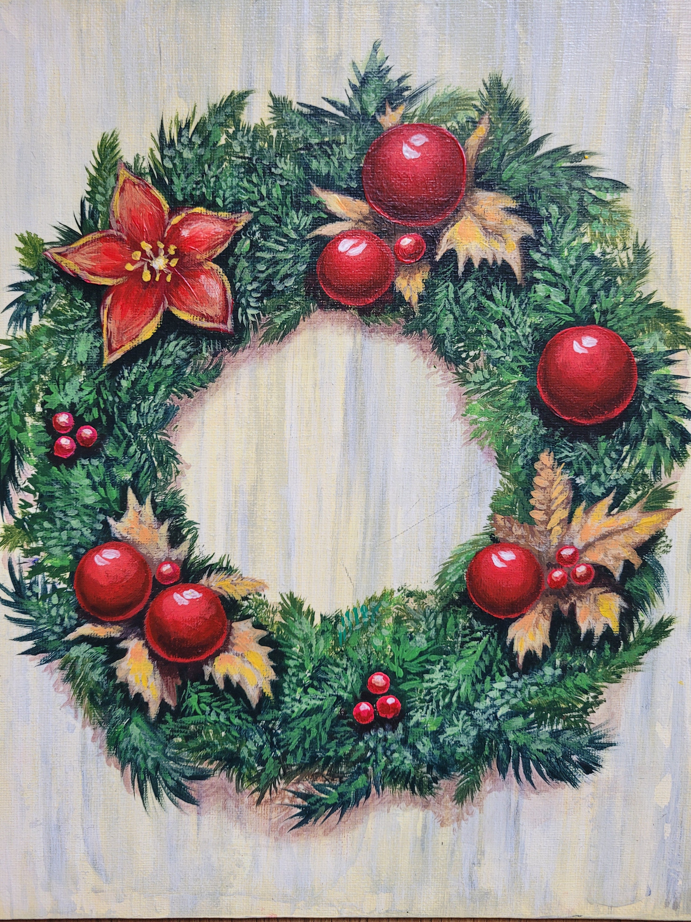 Coniferous Christmas Wreath Acrylic Painting. 100% Handmade