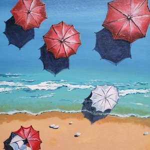 Art peint à la main « Parasol de plage » Mer. Paysage marin. Peinture acrylique.