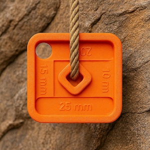 May include: Bright orange square-shaped object with a rope attached. The object has a hole and a diamond-shaped cutout. Measurements of 15 mm, 10 mm, and 25 mm are printed on the surface. The rope is a light brown color.