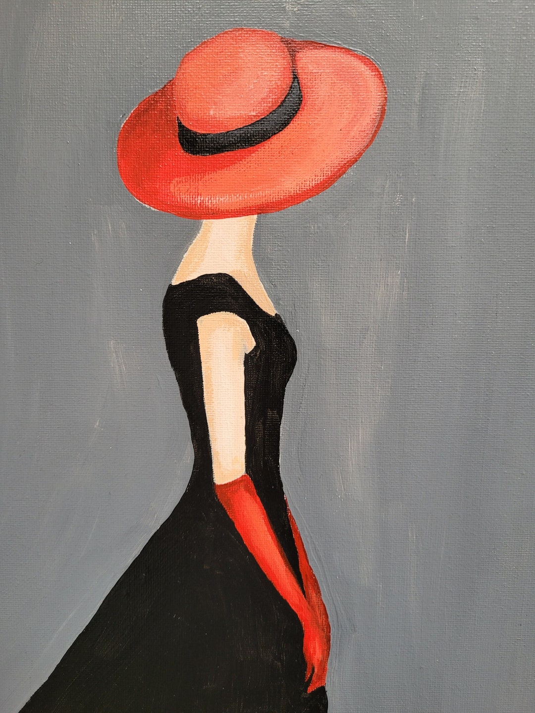 女性画 リトグラフ 赤いドレス 帽子 人物画 インテリア アート レンタル品 Handmade Acrylic Painting: Elegant Woman in Red Hat, Original
