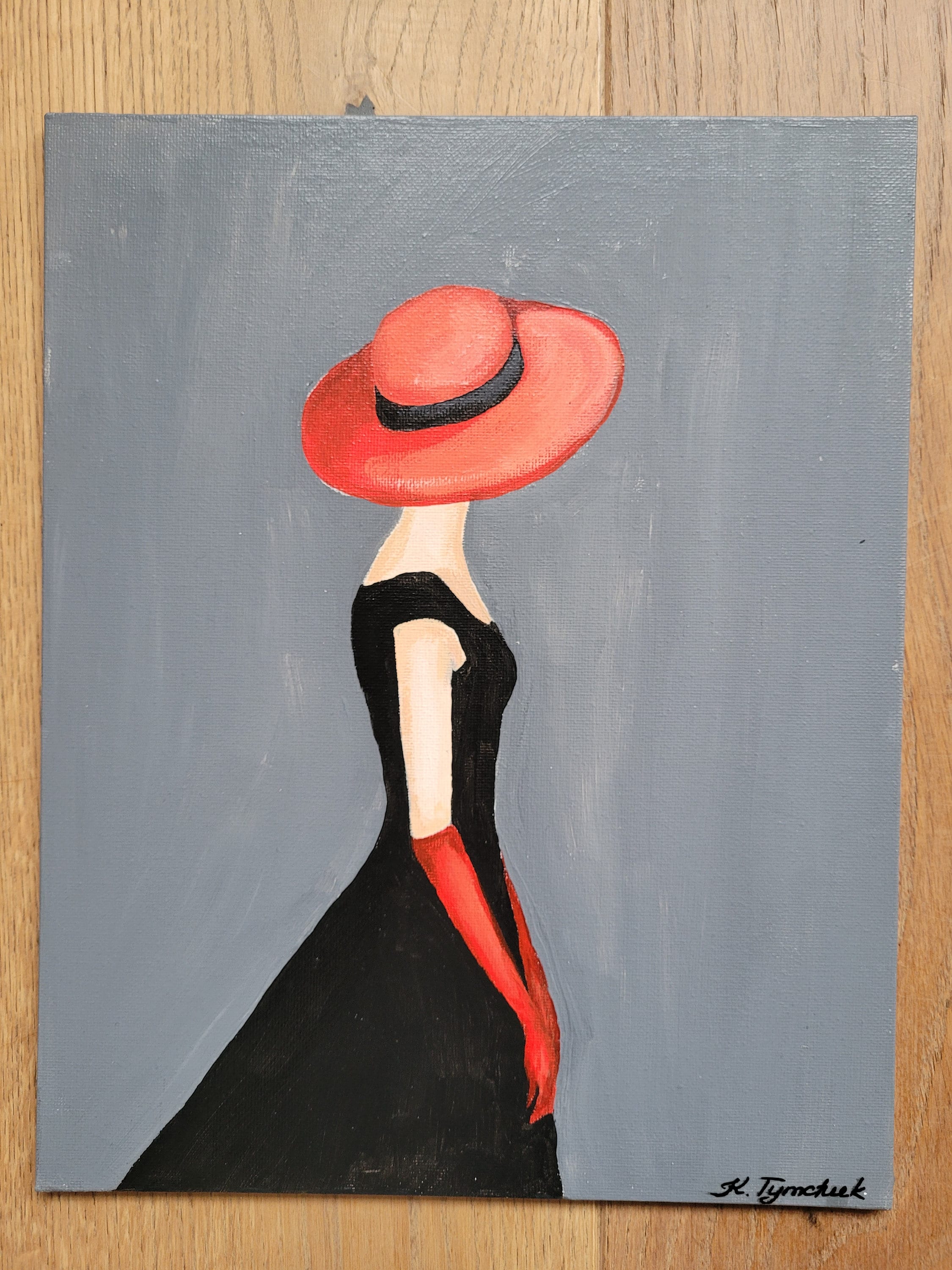 Handmade Acrylic Painting: Elegant Woman in Red Hat, Original