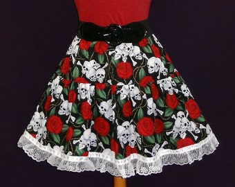 Size Medium Skulls & Roses Print Cotton Fabric Ruffled Circle Skirt with Lace