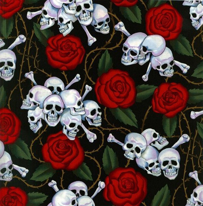 Skulls &amp; Roses Print Cotton Fabric Hairbow or Bowtie - Etsy