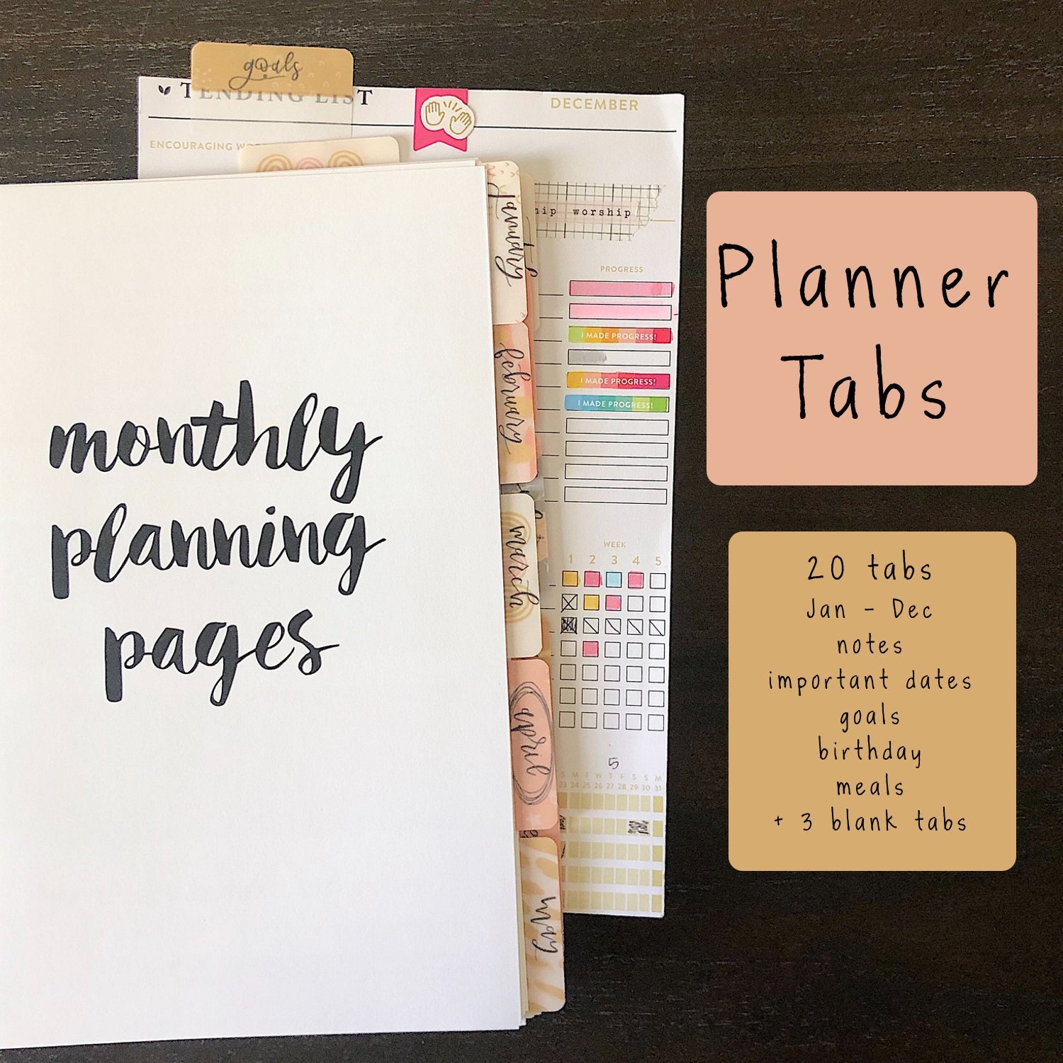 Monthly Calendar Planner Tabs Etsy
