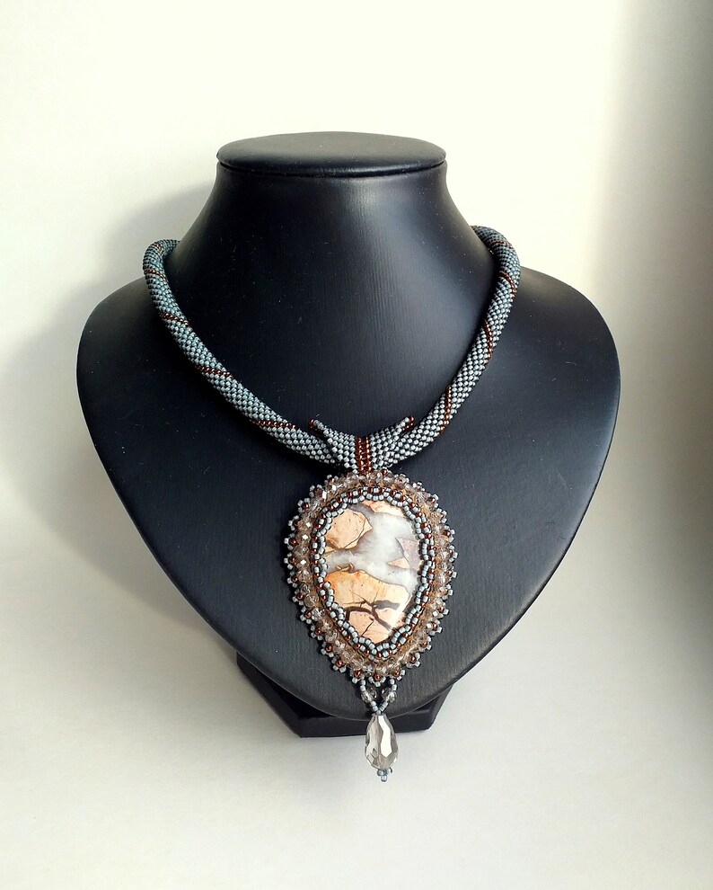 stone pendant. GreyBronze Wedding Jasper pendant Vintage Style Seed Beads Necklace
