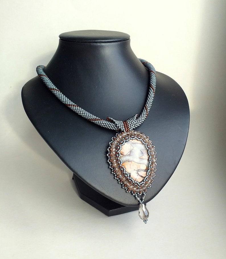 stone pendant. GreyBronze Wedding Jasper pendant Vintage Style Seed Beads Necklace