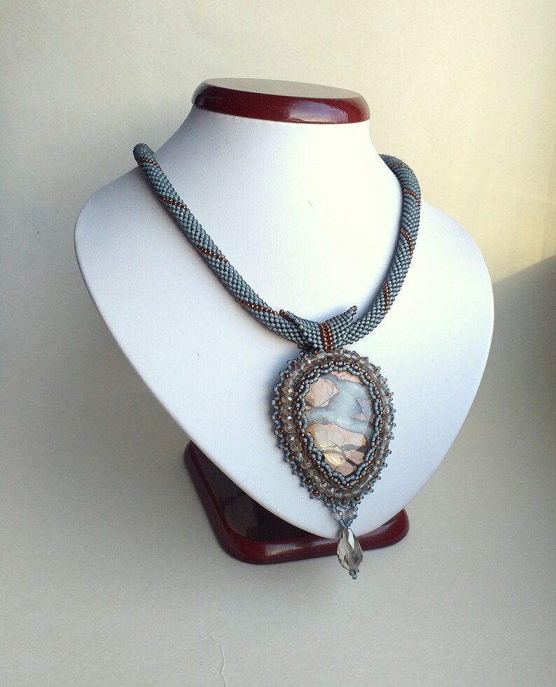 stone pendant. GreyBronze Wedding Jasper pendant Vintage Style Seed Beads Necklace