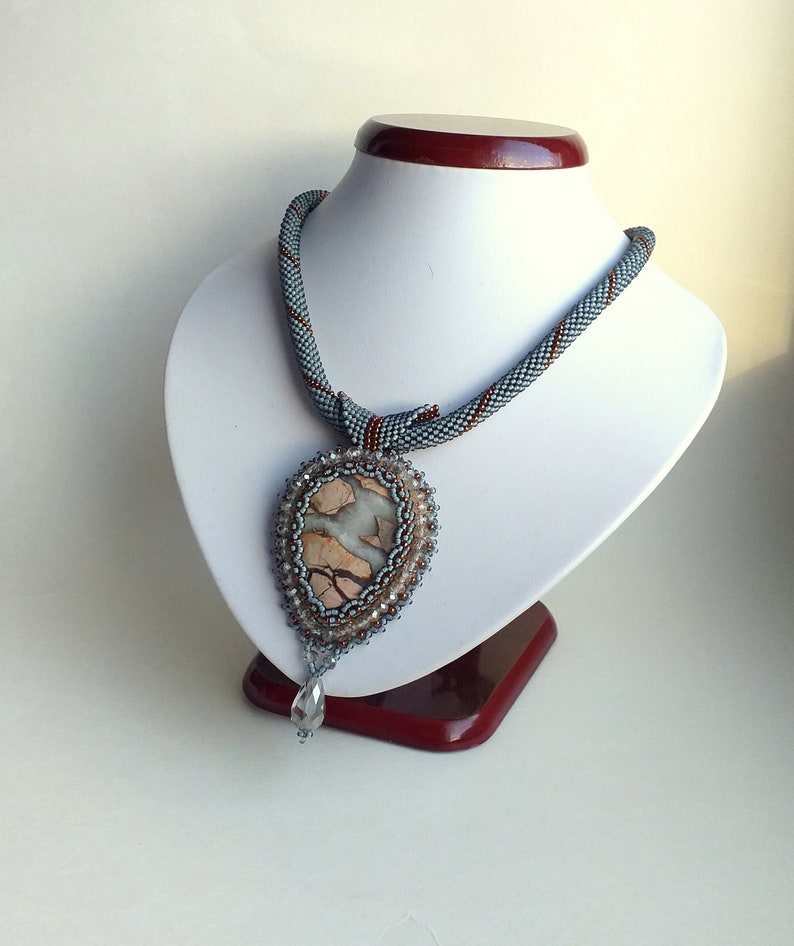 stone pendant. GreyBronze Wedding Jasper pendant Vintage Style Seed Beads Necklace