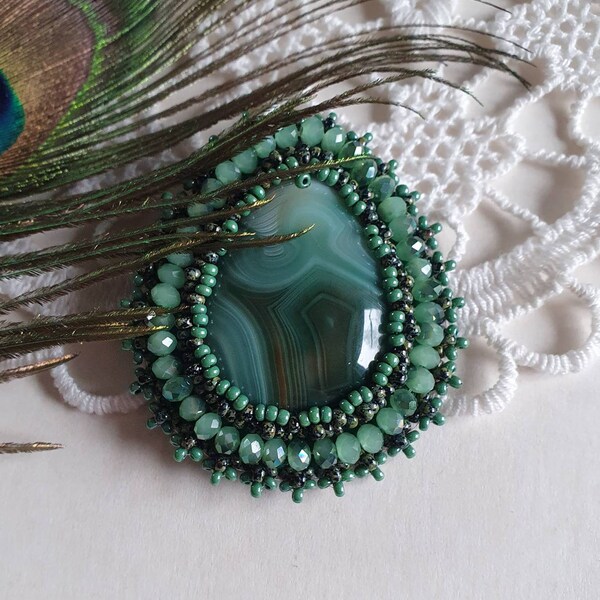 Green Agate Brooch, Bead embroidered Brooch, Beadwork Brooch , Handmade Jewelry