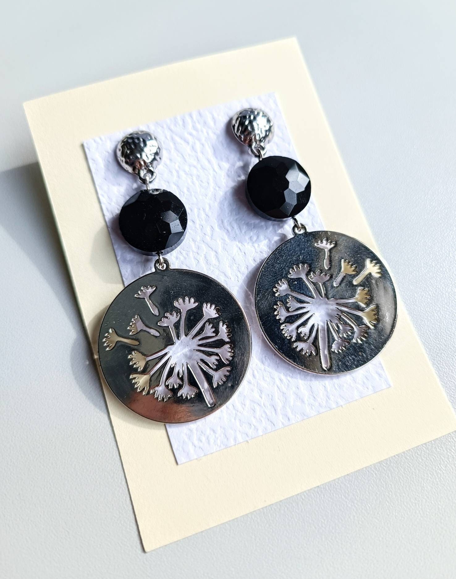 Earrings Metal Silver Color Dandelion Charm Glass Beads Grey - Etsy