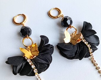 Flower Earrings With Crystal Tassel and Butterfly Gold Color - Etsy