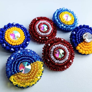 Brooche Ukraine flag color blue and yellow, red and white brooche, handmade embroidery beaded brooche, dark red jewelry patriotic accessory