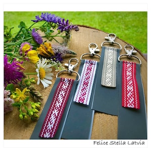 Latvian ethnographic signs ribbon pendant, reflective ribbon, bag accessory, keychain, reflective fabric ribbon, handmade pendant