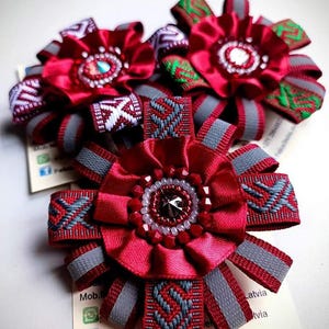 Handmade embroidery beaded brooche with reflective ribbon dark red jewelry, patriotic accessory with Latvia flag, latvian ethnographic sign