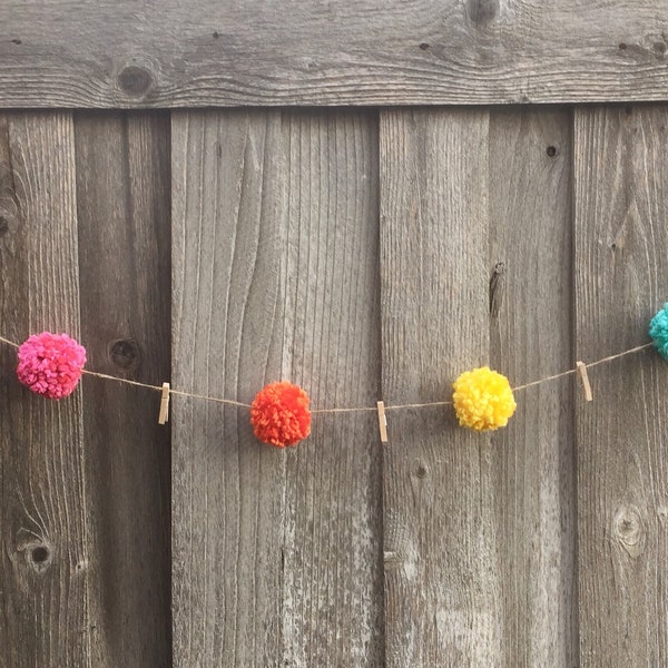 Rainbow Pom Pom Photo Garland, Card Display, Art Display, Birthday Photo Display, Nursery Decor, Playroom Decor, Classroom Decor