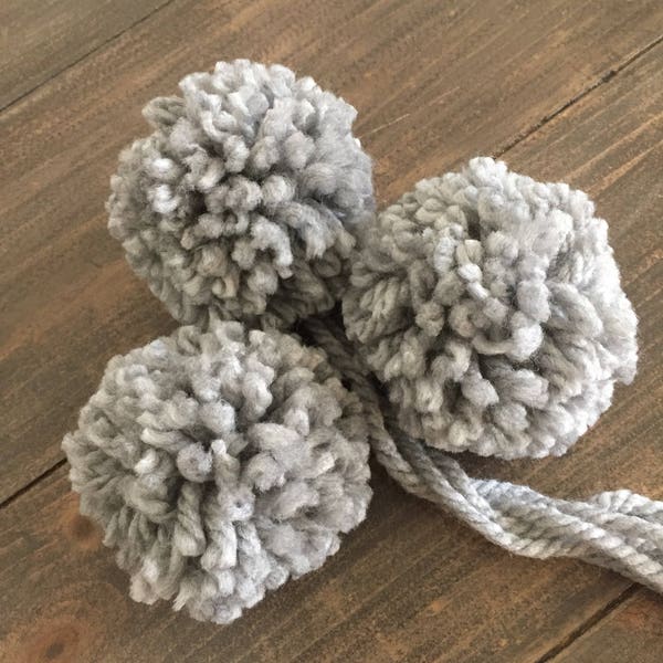 Set of Three Light Gray Chunky Yarn Pom Poms, Hat Topper, Party Decor, Gift Topper, Nursery Decor, Wedding Decor