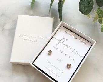 Meaningful jewellery for Mum, sterling silver flower stud earrings, personalised Mum jewellery gift, dainty elegant flower stud earrings