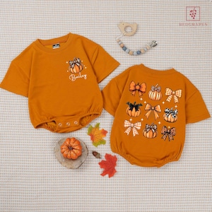 Pumpkin Bow Baby Romper, Halloween Baby Outfit, Fall Thanksgiving Baby, Fall Baby Bodysuit, Autumn Infant, Halloween Coquette Pumpkin Romper