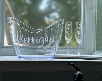 Balde de gelo em acrílico, cuba de gelo em acrílico, taças de vinho personalizadas, cuba de gelo em acrílico com sobrenome, presente de casamento