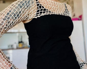 Sparkly Crocheted Mesh Shrug | Sequinned Net Bolero Sleeves | Handmade Evening Wrap for Graduation, Festival, Prom | Cream White