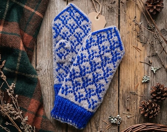 May include: A pair of knitted mittens featuring a blue and beige geometric pattern. The mittens have a solid blue ribbed cuff and a pointed top. A small, blank, light brown rectangular paper tag is attached to the mittens with a thin string.