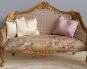 French style sofa - Louis XV - gold painted frame - bespoke vintage French style upholstery - pastoral toile, faux cane, silk pillows