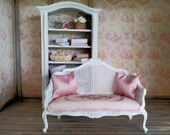 French style sofa - Louis XV - white painted frame - bespoke printed pink upholstery - faux cane - silk pillows