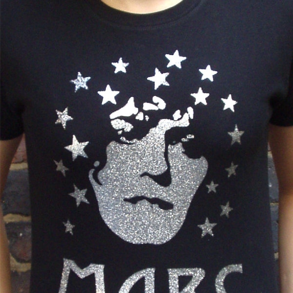 Marc Bolan, T Rex, Dazzling Silver Glitter T shirt, By Ravens of London, Metal Guru, Cosmic Dancer, Hot Love. 20th Century Boy, Glam Rock