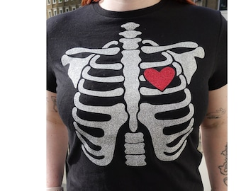 Dazzling Skeleton Bones  Glitter Ribcage, with Red Glitter Heart, X Ray, Halloween Costume, Halloween, Spooky Skeleton, Goth, Bones, Horror