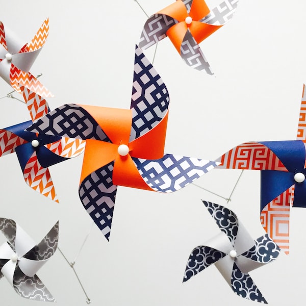 Baby Crib Mobile / Orange, Navy, Gray & White pinwheel baby mobile / gender neutral mobile / nursery decor / best baby gift / Orange Crush