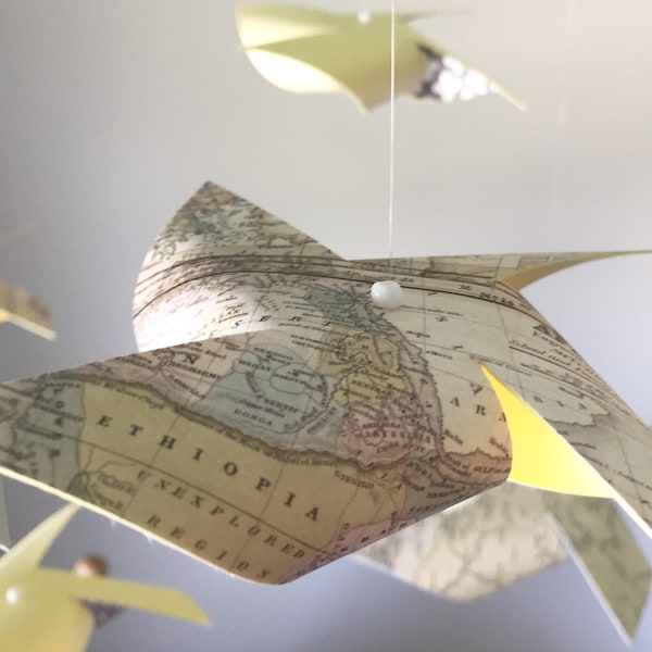 Map Baby Mobile / Old World Map, Yellow & Gray pinwheel baby mobile / antique map decor / vintage travel theme nursery decor / shower gift