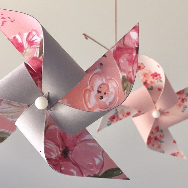 Blush Pink Mobile / Sage Green, Blush Pink & Gray pinwheel baby crib mobile / shower gift / floral rose gold girl nursery decor / Blushed